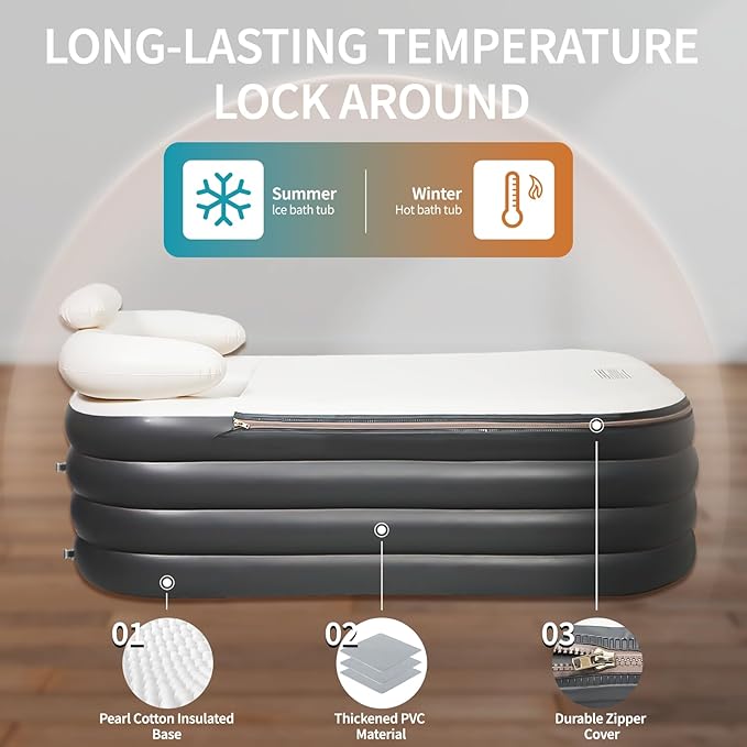 Inflatable Bathtub, Portable Bathtub Adult with Electric Air Pump, Freestanding Foldable Spa Tub with Backrest Cup Holder for Indoor Outdoor, Easy to Inflate＆Drain (Gray)