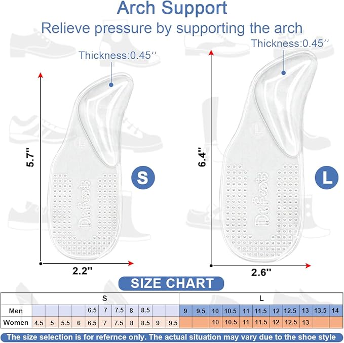 Dr.Foot Arch Support Shoe Inserts for Plantar Fasciitis Relief, Self-Adhesive Arch Pads Heel Cushion for Flats, Heel Pain, Gel Arch Insoles for Men and Women 2 Pairs (Small, Transparent)