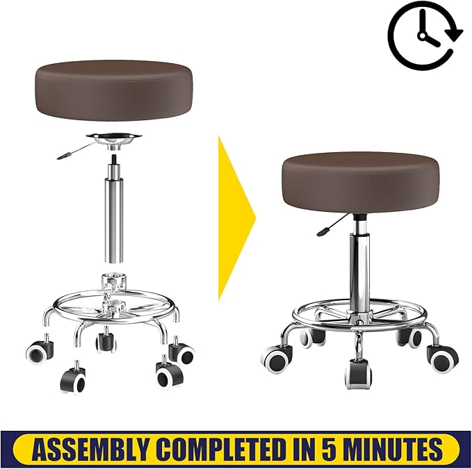 Rolling Stool, Heavy Weight Capacity 250lb, PU Leather Rolling stools, Ultra Soft Padded Seat, Rolling Stools with Wheels and Footrest, 360° Swivel, Spa Drawing Salon Work Office Tattoo Stool (Brown)