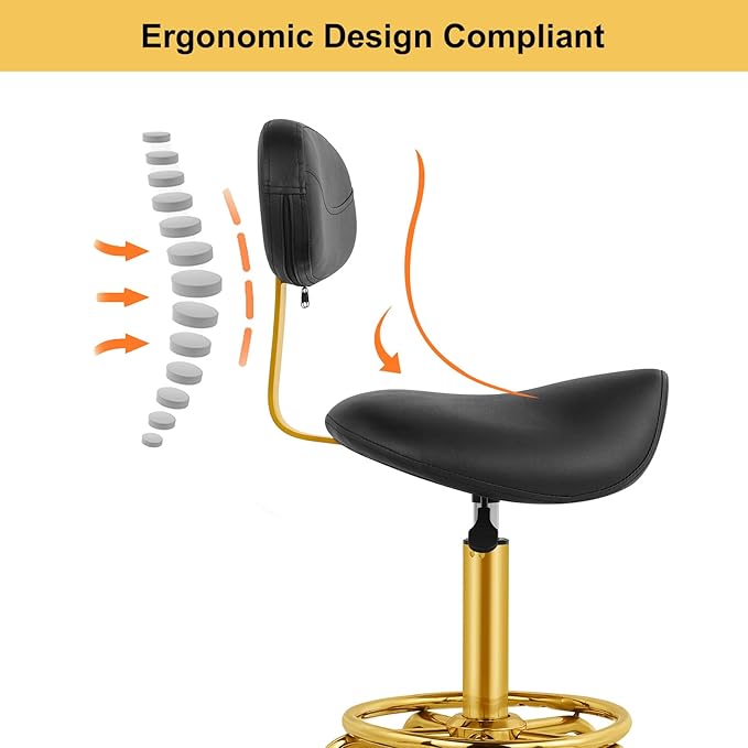 Saddle Rolling Chair Saddle Stool with Backrest Ergonomic Stool with Wheels Hydraulic Adjustable Soft Comfortable Cushion for Salon Tattoo Shop Spa Home Office Dentist Black