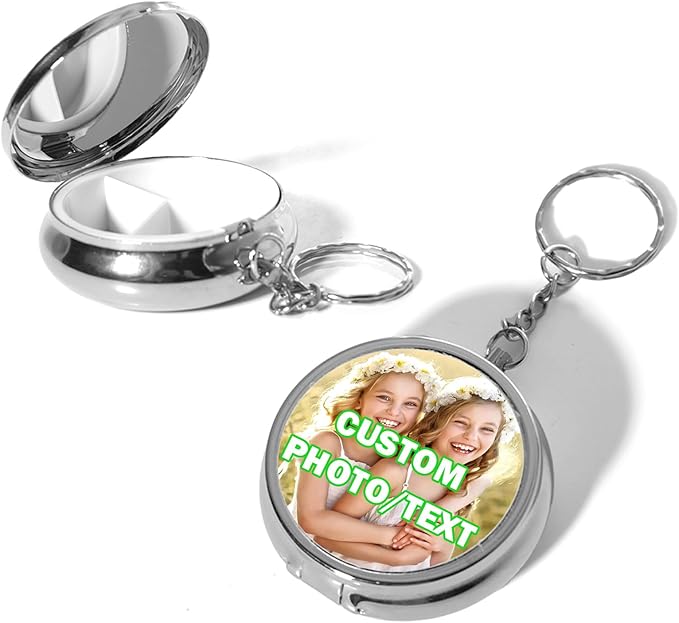 Custom Pill Box Organizer Travel With Photo,Logo,Text Personalized Metal Medicine Pill Case Waterproof Tablet Vitamin Holder Organizer for Purse Pocket Travel Gifts with Mirror&Key Rings 3 Compartment