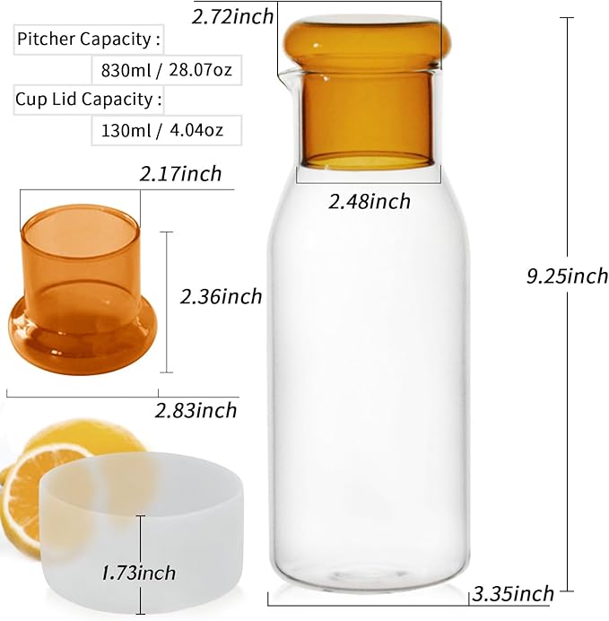hjn Glass Pitcher Glass Water Carafe with Cup Lid, Fridge Water Jug Cold or Hot Beverages, Iced Tea, Milk, Juice 830ml/28oz & clear cup lid (Glass Pitcher-Yellow cup lid)