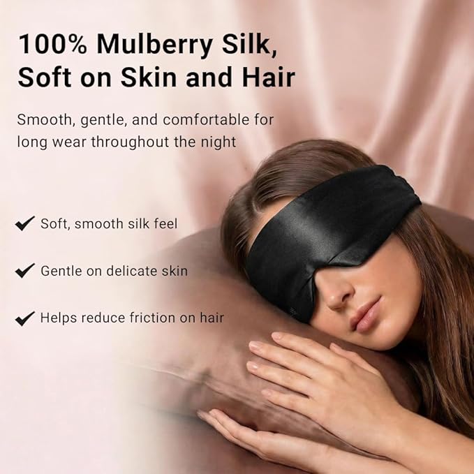 Silk Sleep Mask for Side Sleepers, Eye Mask for Sleeping Women Men, Face-Hugging Padded Eye Cover, 100% 22 Momme Pure Mulberry Silk, Soft Light Blocking Mask for Travel, Naps & Shift Workers (Black)