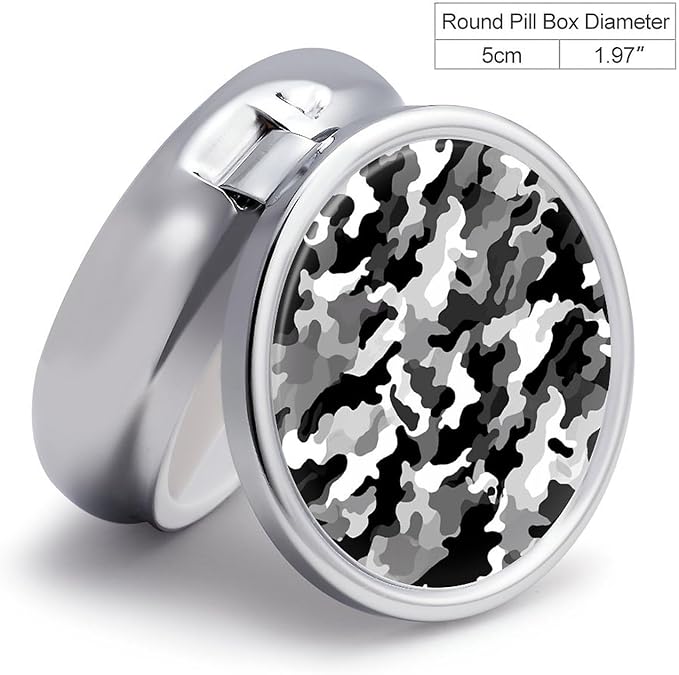 Black Grey White Camo Pill Case Metal Round Portable Pill Box,Waterproof Travel Pills Organizer Vitamins Medicine Storage Box for Travel Or Daily
