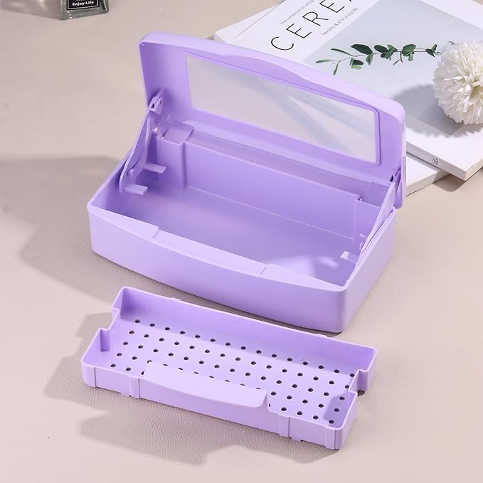 Nail Tool Sterilizer Box Plastic Disinfectant Container for Nail Art Accessories Tools, Sterilizer Soaking Box with Strainer Pedicure Manicure Cleaning Equipment, Purple