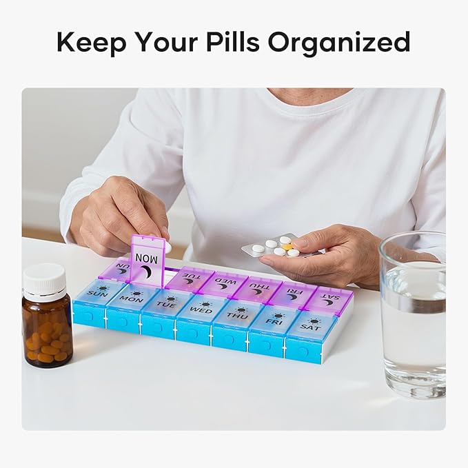 Weekly Pill Organizer 2 Times a Day, Push Button Medicine Pill Organizer, BPA-Free Pill Box Case Container 7 Day AM PM for Vitamins, Fish Oil, Supplements and Medication (Purple & Blue)