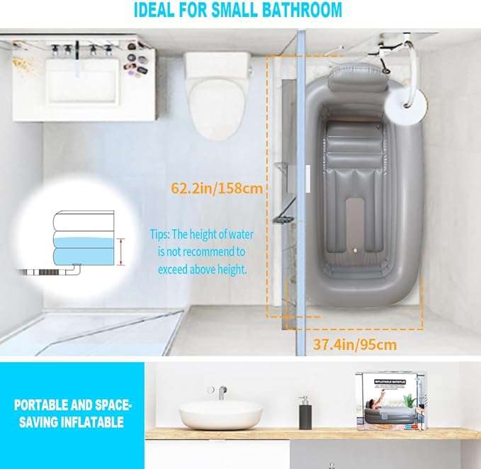 Inflatable Bathtub Adults - Blow Up Bathtub Adult for Indoor Shower Use, Portable Bathtub Adult with Cover, 62.2x37.4x17.72in, Light Grey