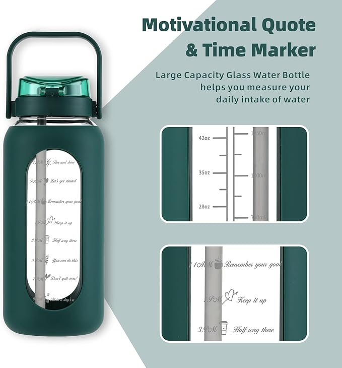 Glass Water Bottle with Straw and Handle Lid Half Gallon Motivational Glass Bottle with Silicone Sleeve and Time Marker Large Reusable Sports Water Jug for Gym Home Workout