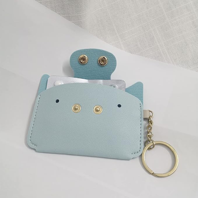 Birth Control Pill Case/Wallet PU Leather Medicine Holder Cute with Keychain (Light Blue)