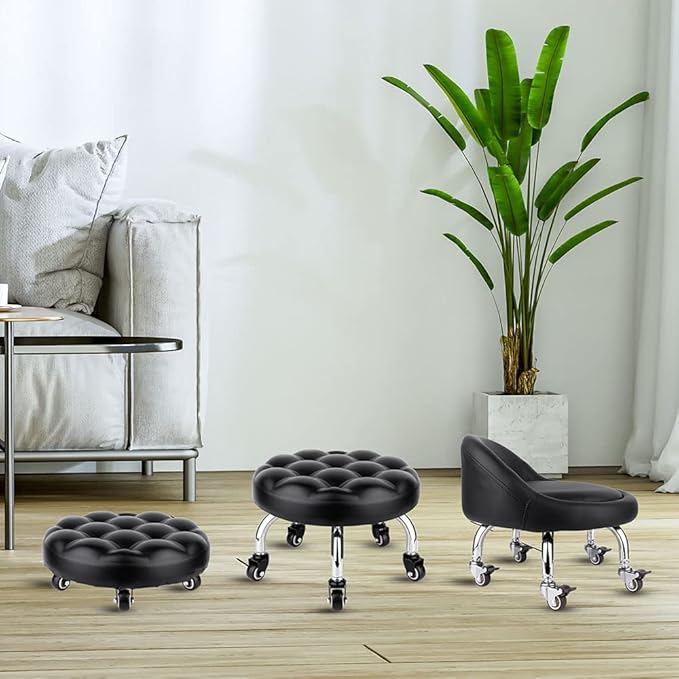 Pedicure Stool Low Roller Seat,Swivel stools Round Stool with Wheels, Black Low Chair with Wheels,PU Leather (Black StyleB)