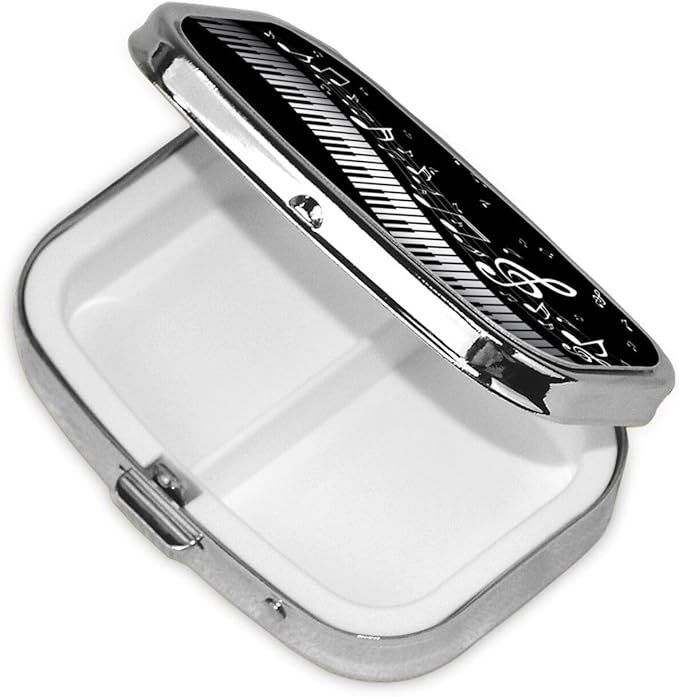 Men Women Pill Box Medicine Pill Case, White Piano Keys with Musical Notes Black Portable Medicine Tablet Vitamin Holder Organizer for Purse Pocket Travel Gift