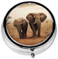 Wild Animals Elephants Print Pill Box 3 Compartment Round Pill Case with Mirror Metal Pill Organizer Travel Pillbox Mini Medicine Storage Box for Pocket Purse