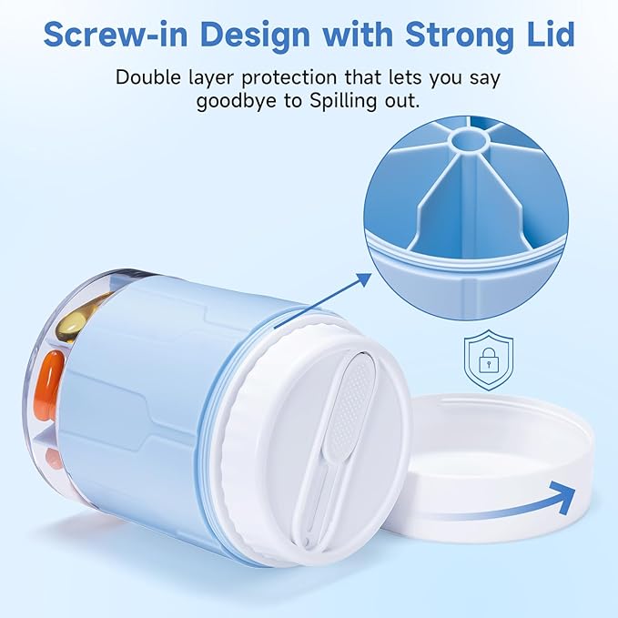 Daviky Pill Bottle Organizer, Supplement Organizer with 7 Large Compartments, Travel Pill Dispenser Round Pill Box with Two Lids（Blue）
