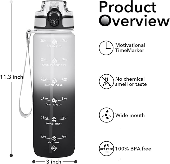 32oz Water Bottle with Time Marker, Motivational Drinking Bottle with Strap, BPA-Free Leak-Proof, Encouraging Water Bottle Time to Drink Water for Gym School Office Travel