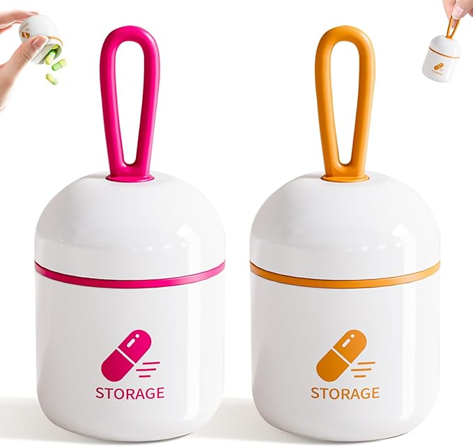 Keychain Pill Holder, Small Pill Box Case Container Organizer for Purse, Removable Divider, Silicone Seal Moisture Proof Mini Pill Bottle for Outdoor Camping Travel (2 Pack, Orange Fuchsia)