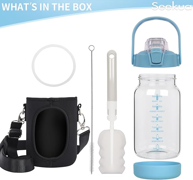 32 oz Glass Water Bottle with Straw and Time Marker, Large Motivational Borosilicate Glass Drinking Bottle with Silicone Boot and Sleeve