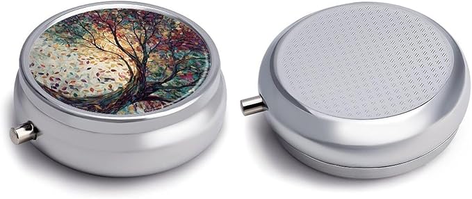 Transparent 3-Compartment Medicine Pill Case, Portable Round Pill Box for Pocket or Purse, Decorative Metal Medicine Vitamin Organizer. (The Tree)