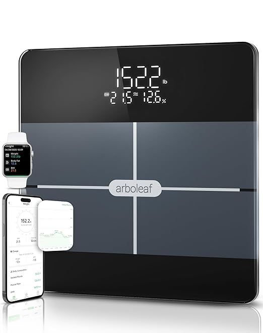Arboleaf Smart Scale with BMI, Body Fat, Muscle Mass, Digital Bathroom Scale for Body Weight, 14 Body Composition Metrics, Large LED Display, Accurate Weighing Machine, App Sync, 400lbs, 10.2"