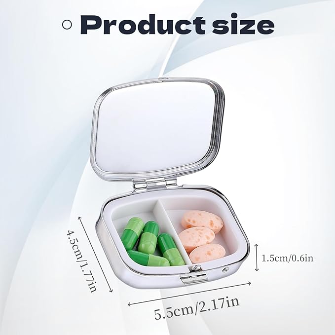 Metal 2 Compartment Square Pill Organizer Sealed Travel Pill Container, Mini Size Pill Box for Pocket Wallets Two Times a Day Compact Pill Case for Children, Men and Woman - White Cat