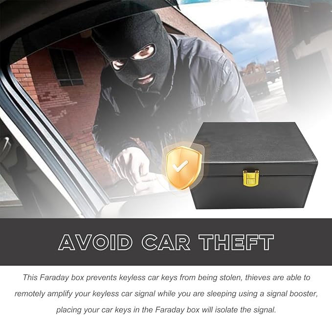 Faraday Box Key Fob Protector, RFID Signal Blocking Shielding Box Anti Theft Car Key Fob Case, Large Capacity PU Leather Faraday Cage Box for Keyless Fob, Car Accessories