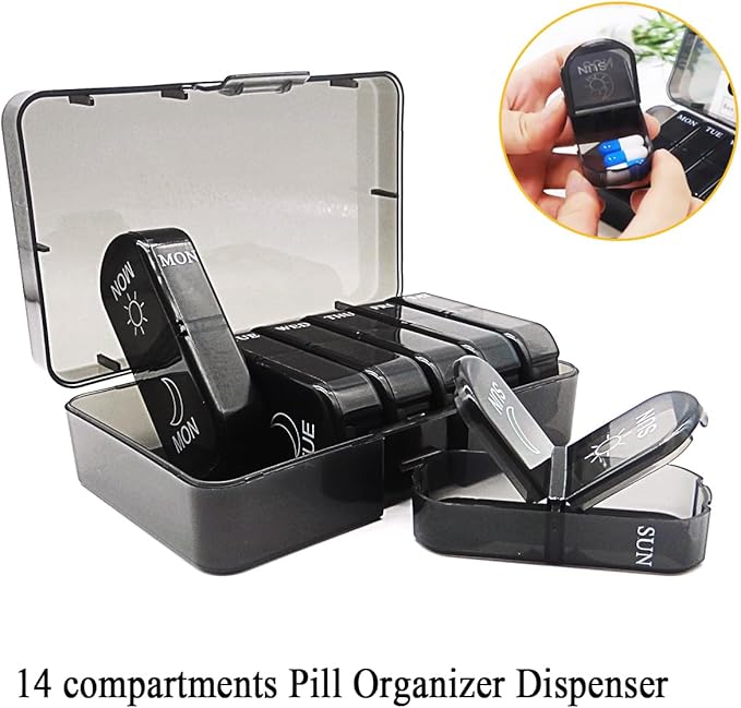 Small Pill Case, Cute Medicine Box, Travel Daily Pill Organizer Planner, 7-Day 14 Tray Portable Vitamin Container Dispenser for Purse Pocket, Capsule Holder for Fish Oils, Supplements, Black