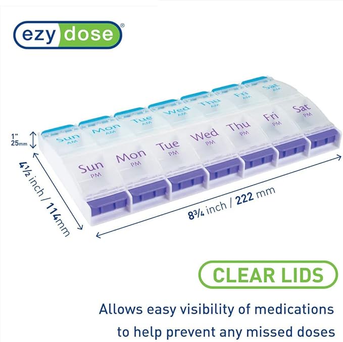 EZY DOSE Push Button AM/PM Weekly (7-Day) Pill Organizer, Weekly 2 Times a Day Medicine Case, Large Compartments for Vitamins Supplements, Arthritis Friendly, Clear Lids (2 Pack)