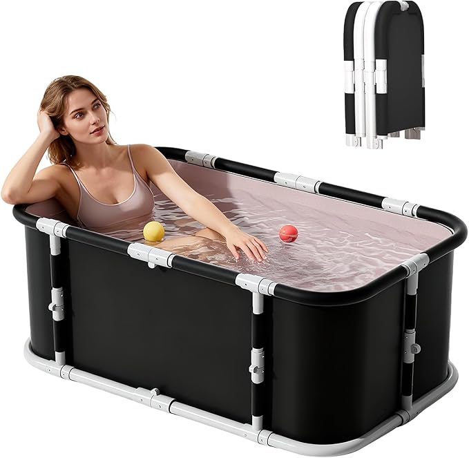 Simcat 45" Large Portable Foldable Bathtub with Metal Frame for Adult (1.2 meters pure black includes cushion and drain pipe)