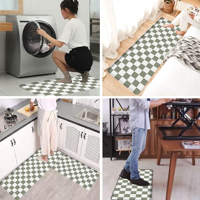 Bulijojo Buffalo Plaid Anti Fatigue Kitchen Floor Mats Set of 2 Waterproof Kitchen Sink Runner Rug Standing Mat Cushioned Kitchen Rugs Comfort Doormat 17"x47"+17"x30" Sage Green