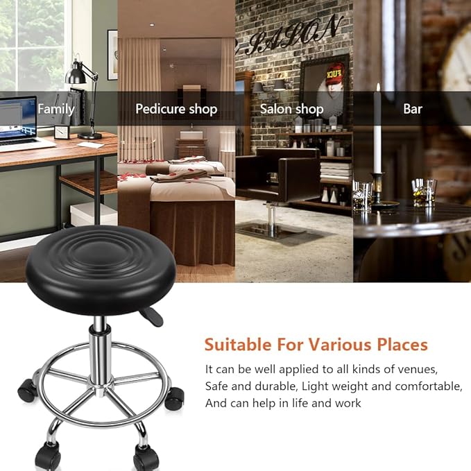 KKTONER PU Leather Modern Round Rolling Stool with Footrest Height Adjustable Spa Drafting Salon Tattoo Work Massage Stools Task Chair Small (Black)