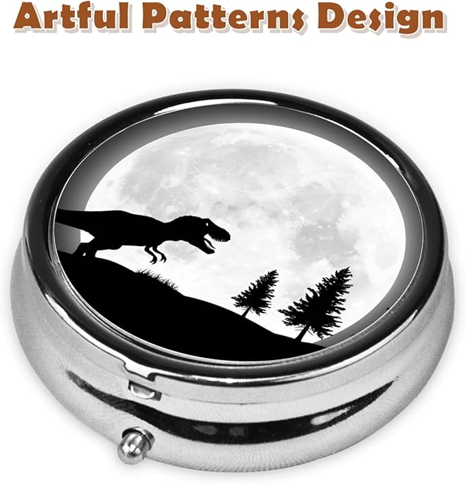 Metal Pill Organizer - 3-Compartment Mini Round Pill Case for Pocket & Purse, Portable Vitamin Holder, Easy-Open Design for Travel - Dinosaur Silhouettes