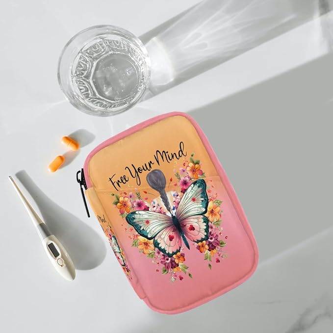Butterfly Woman Flower Pill Case Travel Pill Organizer Weekly 7 Day Portable with Zipper Medicine Box Pill Case for Vitamins, Birth Control,Fish Oils,Medication, Supplements
