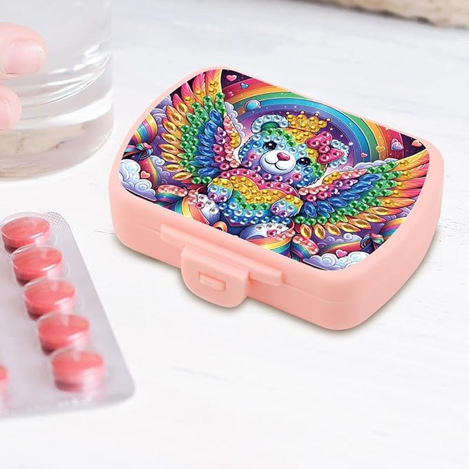 C'eitura 2pcs DIY Mandala & Bear Diamond Art Painting Pink Pill Organizer with 6 Lid Detachable Compartments, Fun DIY Craft Project for Adults, Elegant Pill Case for Purse & Travel