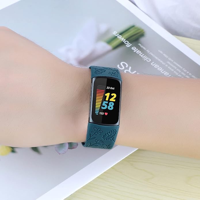 Flower Engraved Bands Compatible with Fitbit Charge 5 Band/Charge 6 Bands Women Cute Floral Engraving Soft Silicone Sport Strap Replacement Wristband for Fitbit Charge 5/6 Tracker Accessories