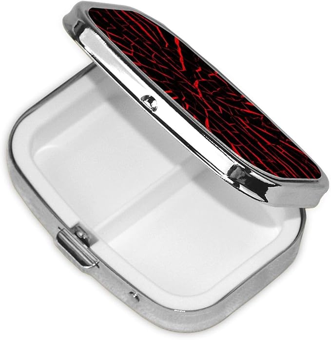 Cracks Red Black Print Square Metal Pill Box with 2 Compartment for Pocket or Purse Travel Bag Small Size 2.2 inche