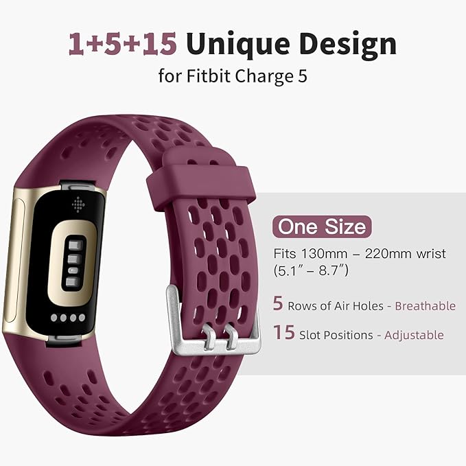 Getino Compatible with Fitbit Charge 5 Bands/Charge 6 Bands Women Men, Soft Breathable Replacement Sport Strap Adjustable Wristbands for Fitbit Charge 5/ Charge 6 Advanced Fitness Tracker, Wine Red