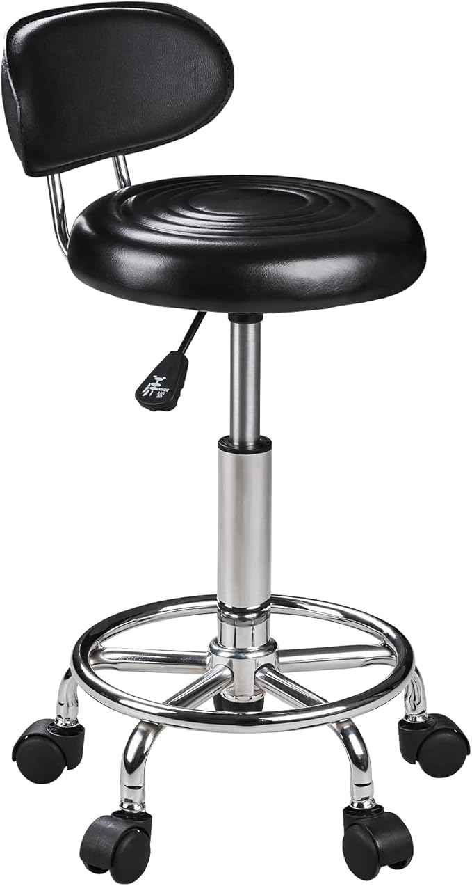 VECELO Salon Rolling Stool, Spa Chair with Backrest, Hydraulic Height Adjustable from 19.7" to 25.8" with 300 lb Capacity, for Salon, Spa, Lab (Black)
