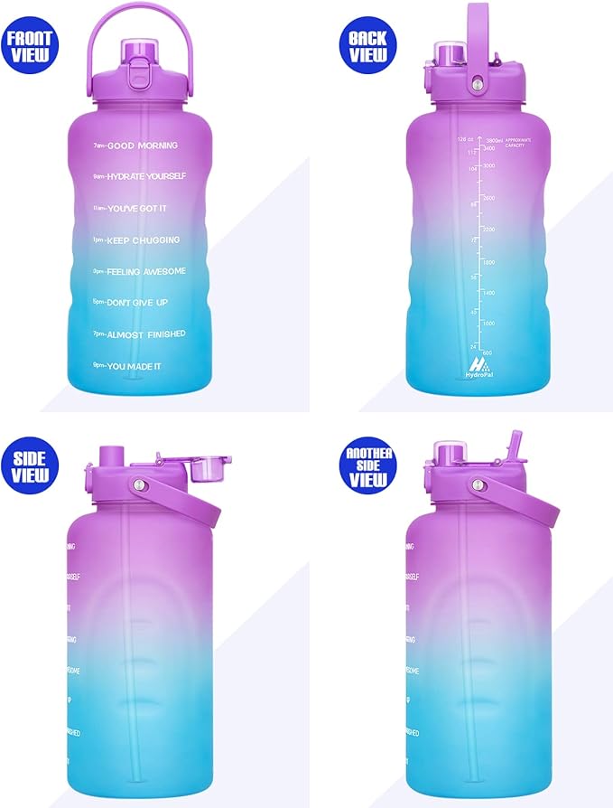 HydroPal 1 Gallon Water Bottles with Straw, 128 oz Water Bottle BPA Free Innovative 2-IN-1 Lid Gym Bottle with Times to Drink Motivational, Large for Sports Fitness Camping Water Jug （13.8X5.5 inch）