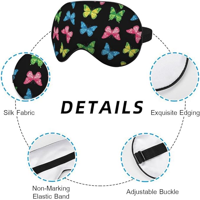 Rainbow Butterfly Sleep Mask Eye Mask Black Blue Pink Purple Butterfly Sleep Mask Light Blocking Adjustable Smooth Soft Eye Masks for Women Deep Rest Travel