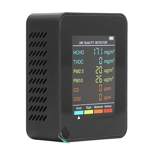 CO2 Monitor, Indoor Air Quality Meters Portable Carbon Dioxide Detector, LCD Backlight Screen CO2 TVOC HCHO PM2.5 PM10 Tester with Alarm Clock, for Home, RV, Grow Tents (Black)