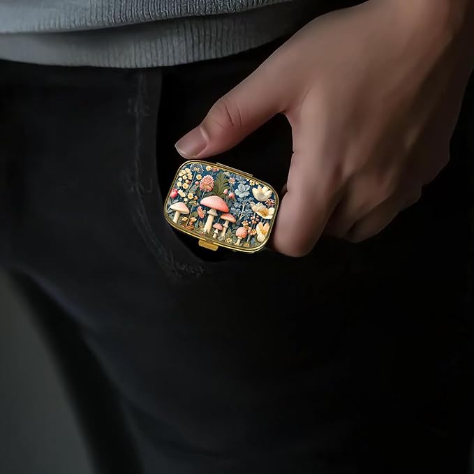 Small Pill Box Pill Case with Mirror Retro Pocket 2 Compartment Pill Holder for Purse or Pocket Bronze Portable Medicine Vitamin Container Fish Oil and Supplement Storage BPA-Free