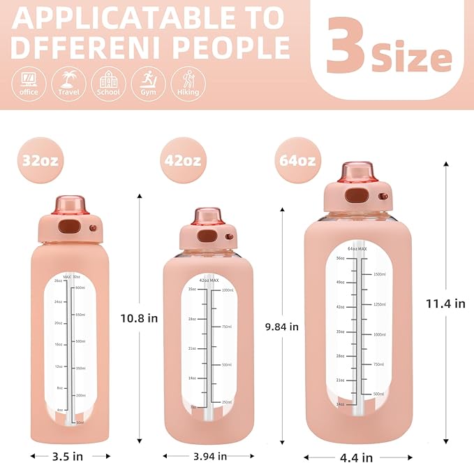 SIEROZUR 42 oz Glass Water Bottle with Straw and Handle Half Gallon Large Water Bottle with Silicone Sleeve and Time Marker Sports Water Jug Wide Mouth for Travel Gym
