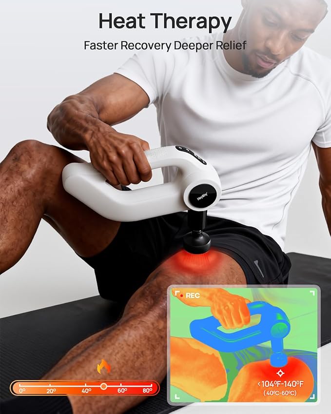 Massage Gun Deep Tissue with Heat Therapy, 12mm Amplitude Muscle Massager for Athletes, 5 Speeds & 4 Modes Massager Gun for Neck Back Shoulder Leg Pain Relief - Perfect for Men, White