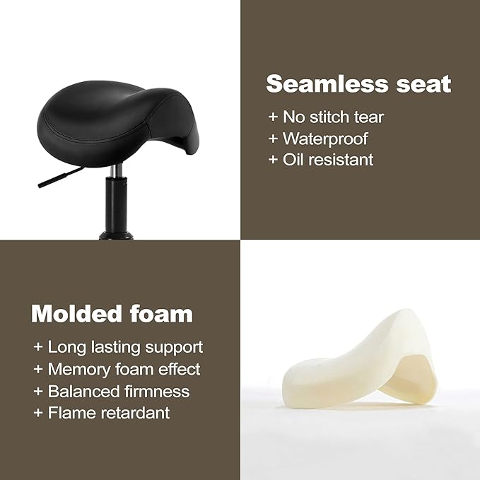 Adjustable Height Hydraulic Rolling Swivel Stool Chair with Metal Base and Faux Leather Cushion for Salon, Medical, Office and Home, 503 Kai Series - Saddle Seat, Black