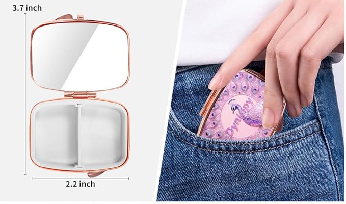 Dynippy Pill Case Pill Box with Mirror Retro Pocket 2 Compartment Medicine Case Vitamin Pill Organizer for Pocket Purse and Travel - Rose Gold-Peacock