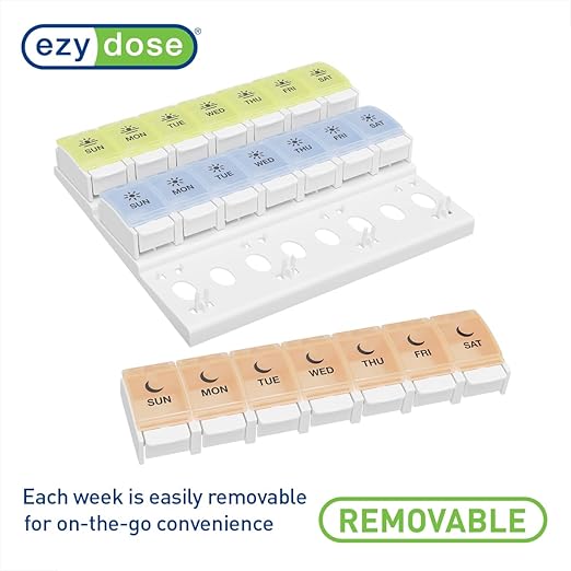 EZY DOSE Weekly (7-Day) Pill Case, Daily Medicine Planner, Vitamin Organizer Container, Large Push Button Compartments, Easy to Use, 3 Times a Day, Spring Open Design, Pastel Rainbow Lids, BPA Free