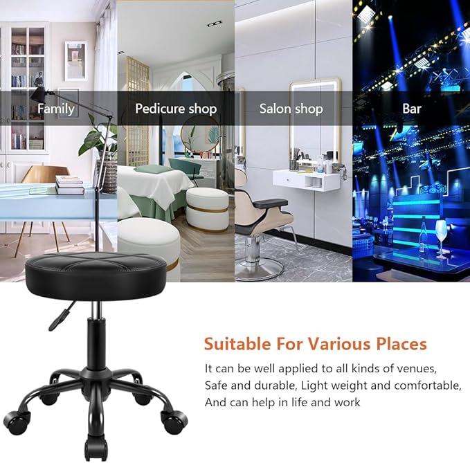 KKTONER Rolling Stool Chair PU Leather Height Adjustable Round Stool with Wheels Chair for Salon Spa Drafting Small (Black)