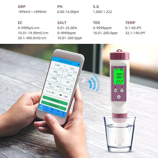 7 in 1 PH Meter PH Tester,0.01 High Accuracy Digital PH Meter for Water,PH/TDS/EC/ORP/S.G/Salt/Temp Tester,TDS Meter Water Tester for Drinking Water,Hydroponics,Plants,Aquarium and Pool