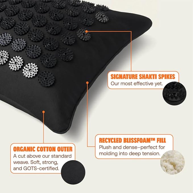 ShaktiMat Premium Acupressure Pillow, Level 3 in Shakti Black, Massage Muscles, Aid Sleep & Unlock Inner Tension | Similar to Acupuncture, No Needles Required