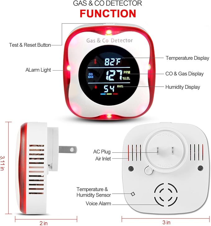 Combustible Gas & CO Detector 4-in-1 – Plug-in Natural/Propane Gas Leak Alarm with Temp & Humidity Sensor, Compact for Home, RV, Kitchen Safety