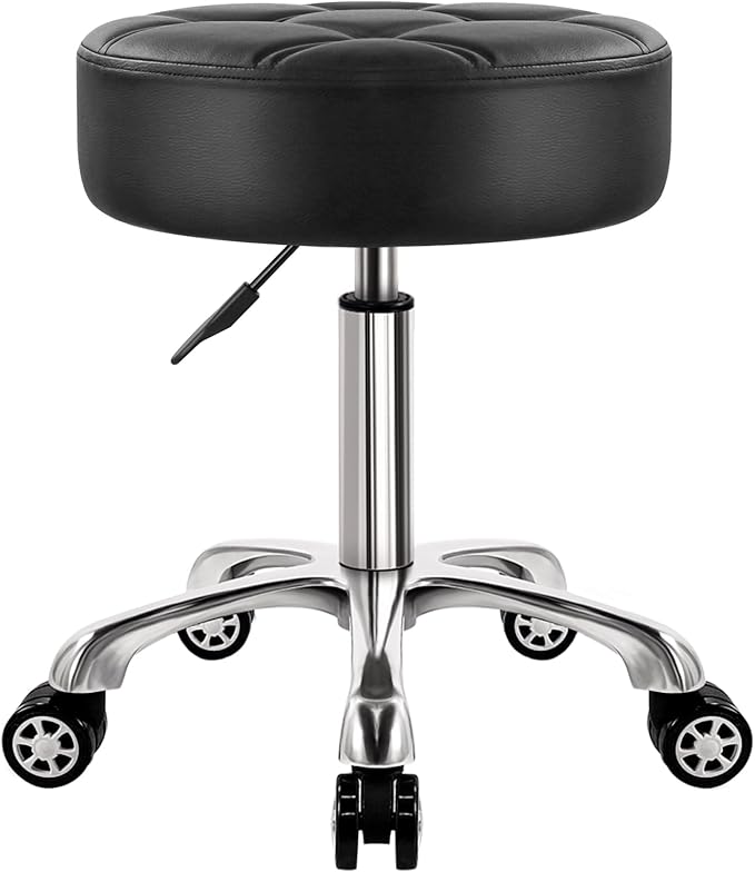 Heavy Duty Rolling Stool with Wheels Hydraulic Lift 360 Swivel Adjustable Rolling Chair Thick Leather Ergonomic Seat Stool Chair for Kitchen Drafting Lab Office Salon Massage Black
